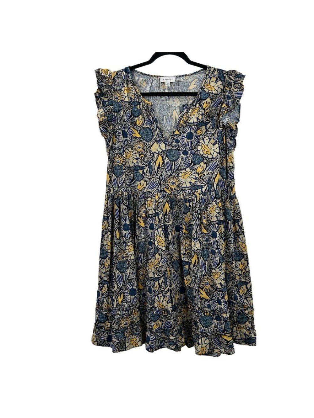 Evereve Floral V-Neck Flutter Sleeve Mini Dress Womens M BlueYellow Ruffles Boho